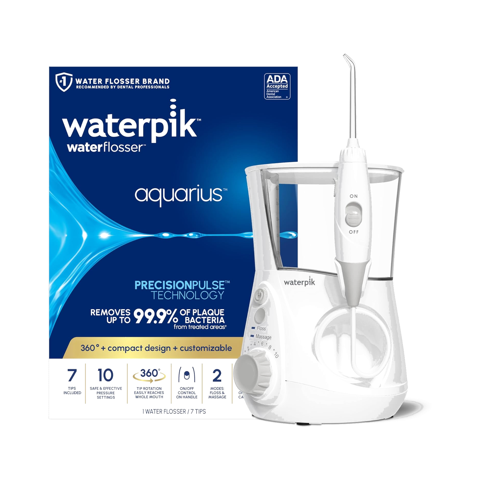 Waterpik Aquarius Water Flosser For Teeth Cleaning, Gums, Braces, Dental Care, Electric Power With 10 Settings, 7 Tips For Multiple Users And Needs, ADA Accepted, White WP-660, Packaging May Vary